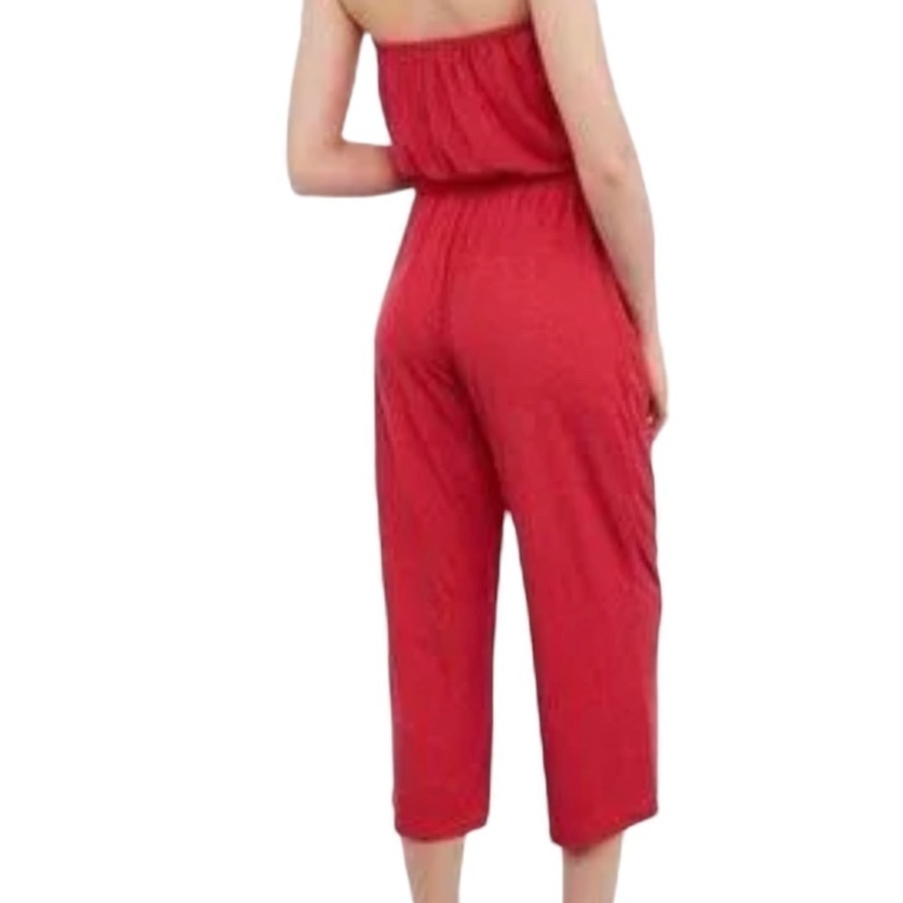 Express Red With Black Polka Dot Strapless Cropped Wide Leg Women Jumpsuit Sz XS - Picture 2 of 13